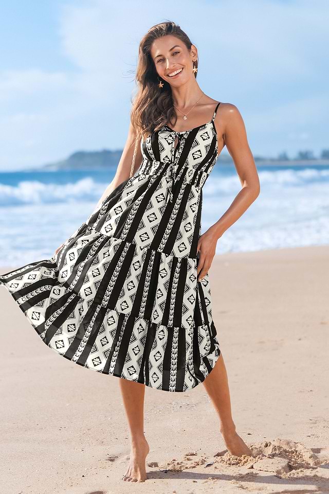 knee length dresses for ladies Moon River Geo Patterned Midi Dress – RJ Pope main image 1