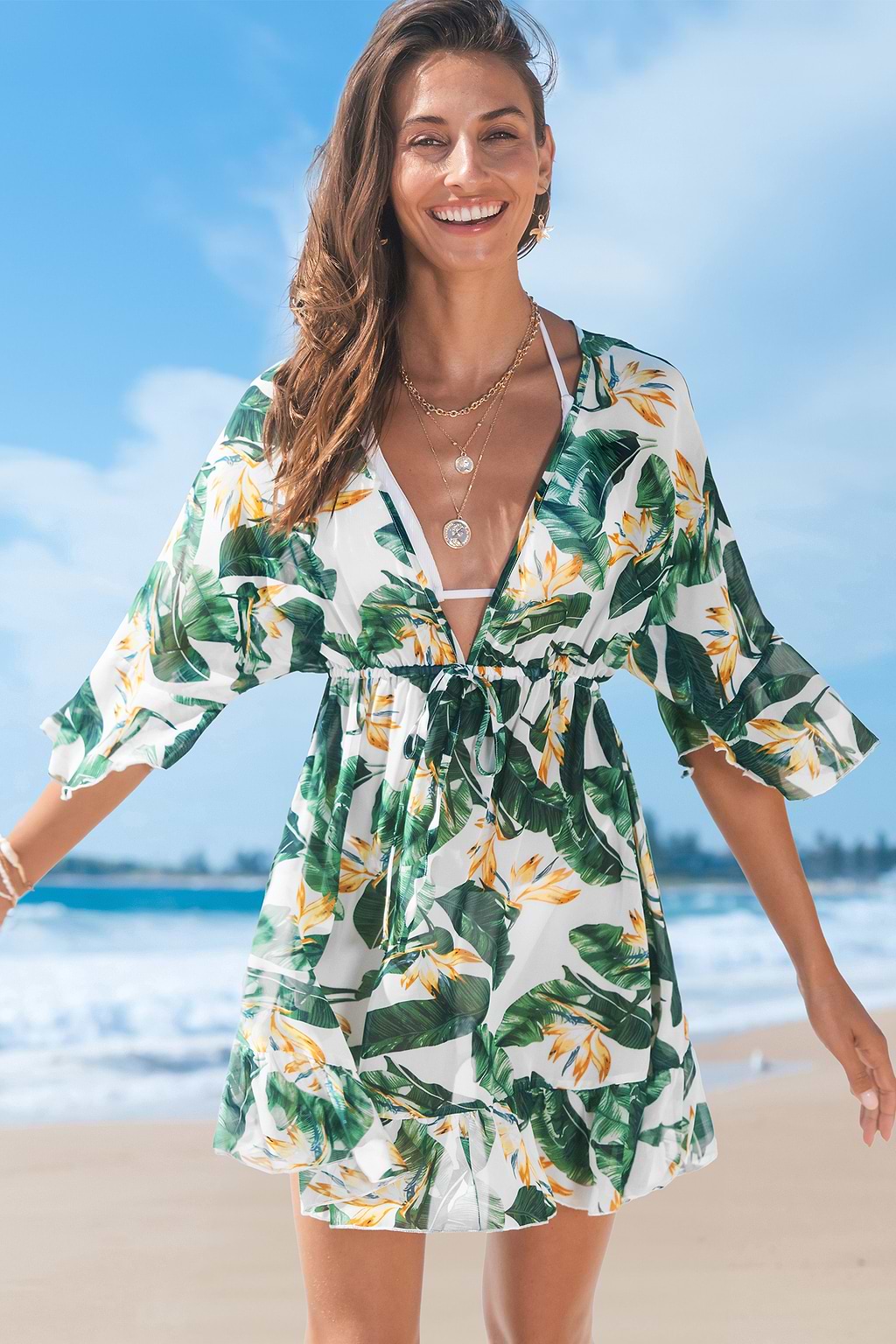 Birds of Paradise Floral Cover-Up Mini Dress