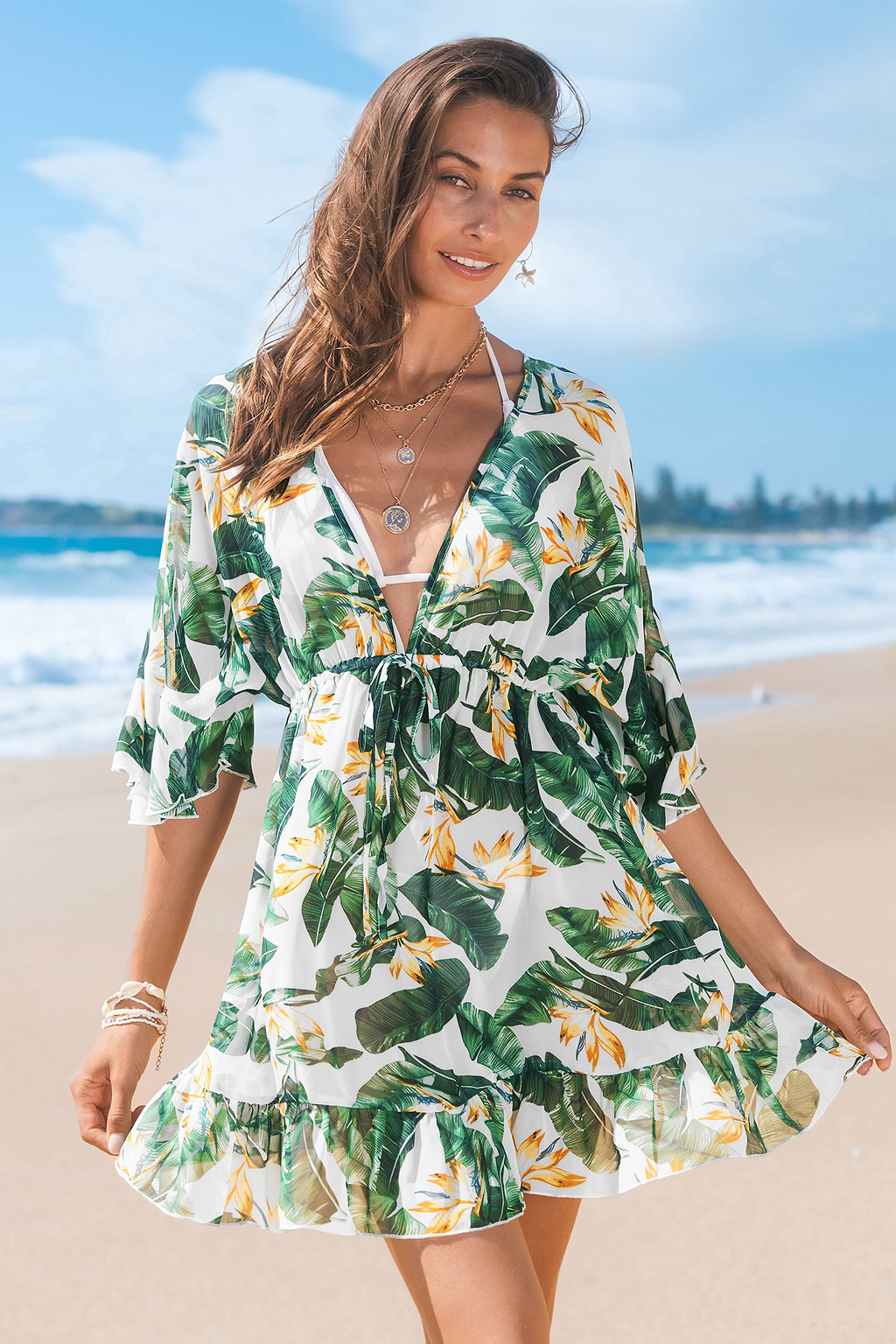 Birds of Paradise Floral Cover-Up Mini Dress