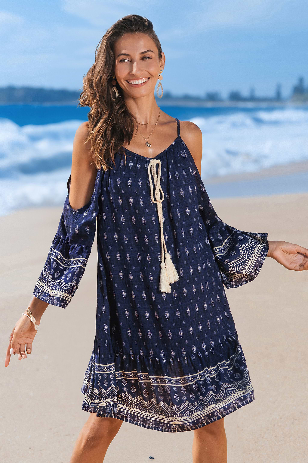 Boho Floral Cold Shoulder Midi Dress