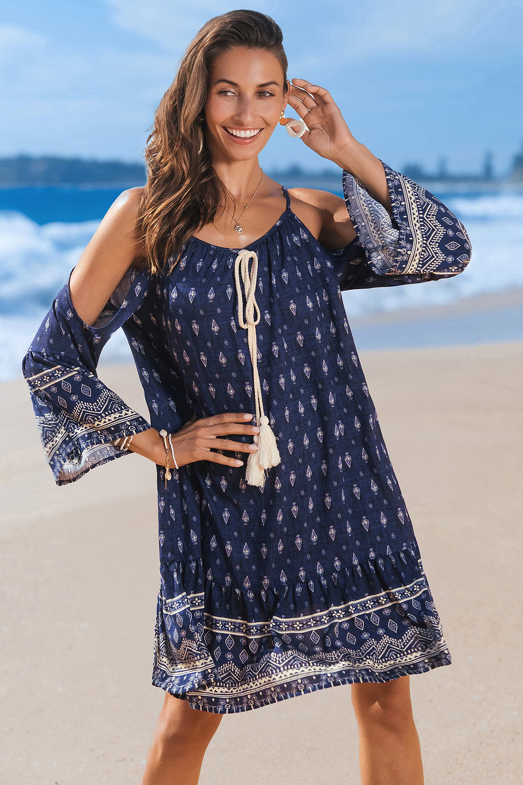 Boho Midikleid mit Quasten und Schulterausschnitt