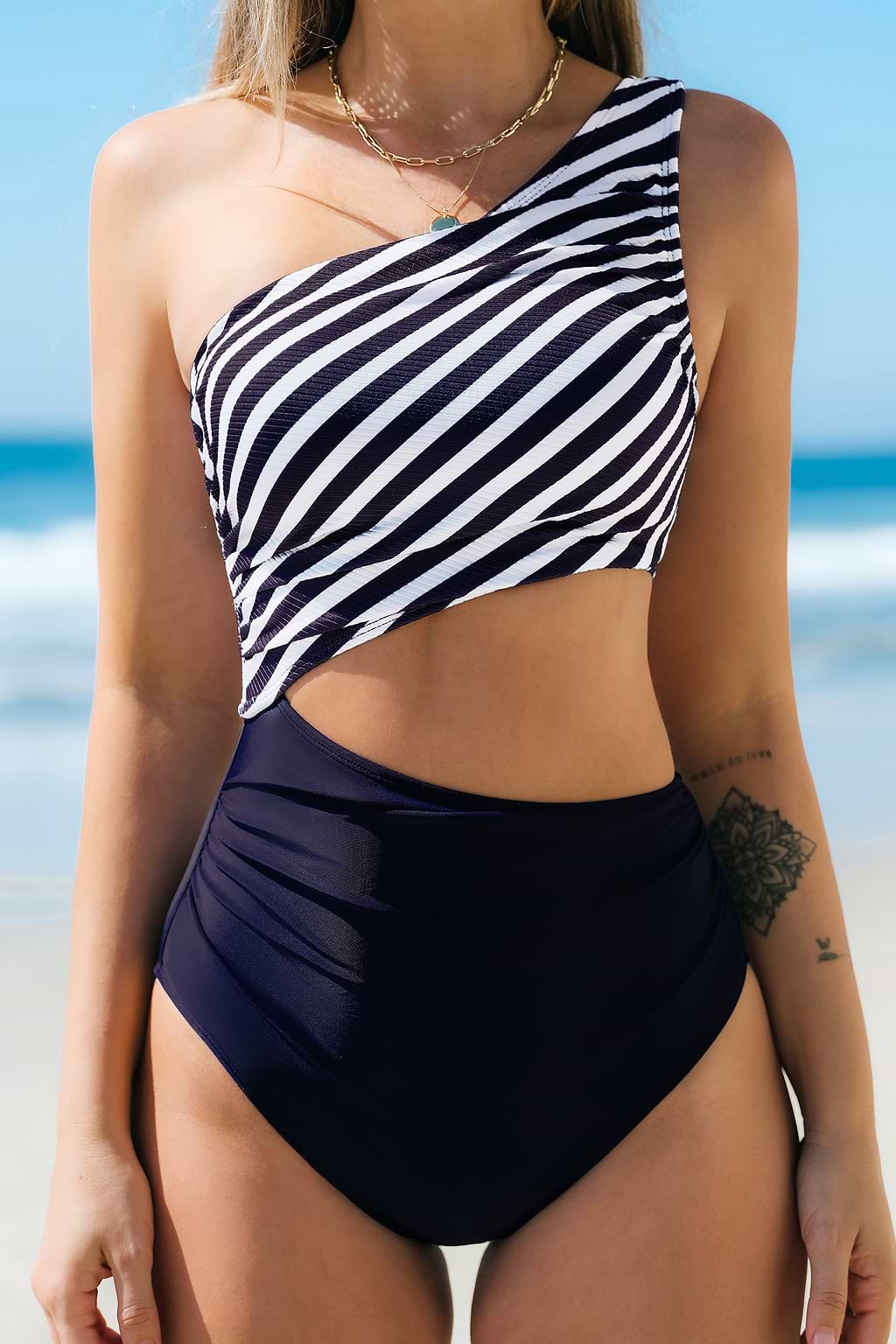 Cabana Days Striped One Shoulder Cutout One-Piece Swimsuit