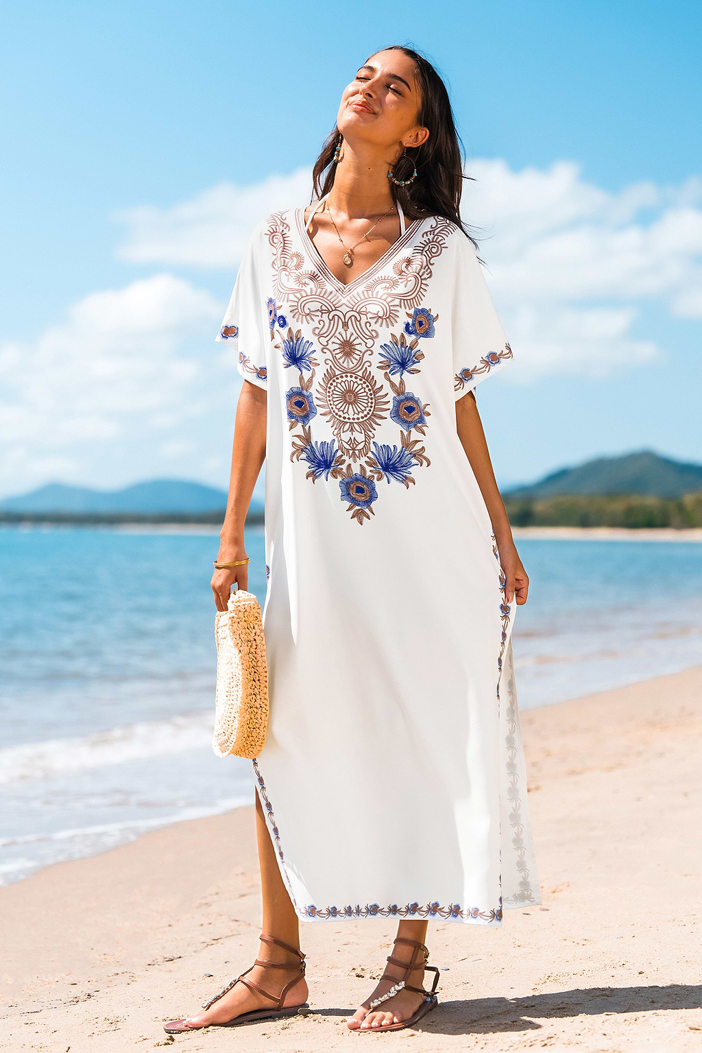 Weißes Halbärmel Maxi-Strandkleid mit Seitenschlitz