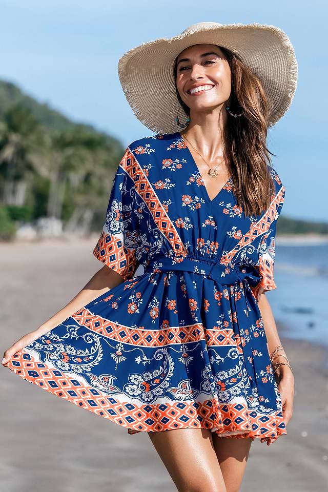 boho mini beach dress Sky to Moon Kristen Green Floral Halter Mini Dress - Size L main image 1