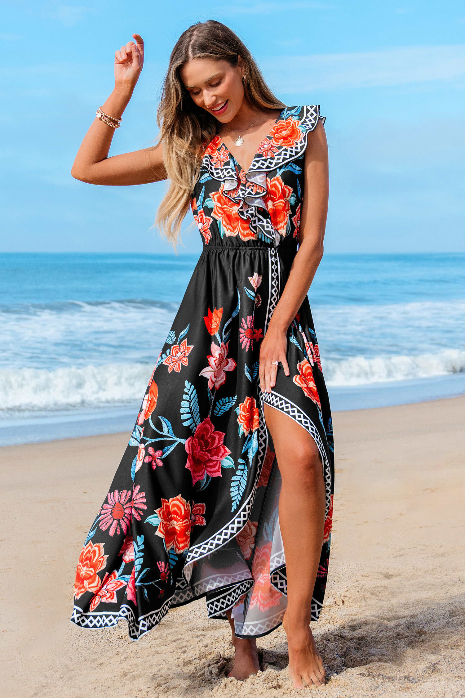 Boho V-Neck Flutter Sleeve Maxi Dress
