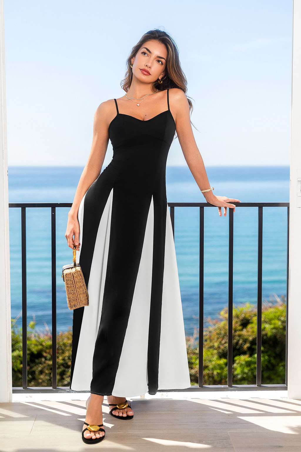 Vestido largo bicolor de lazo negro