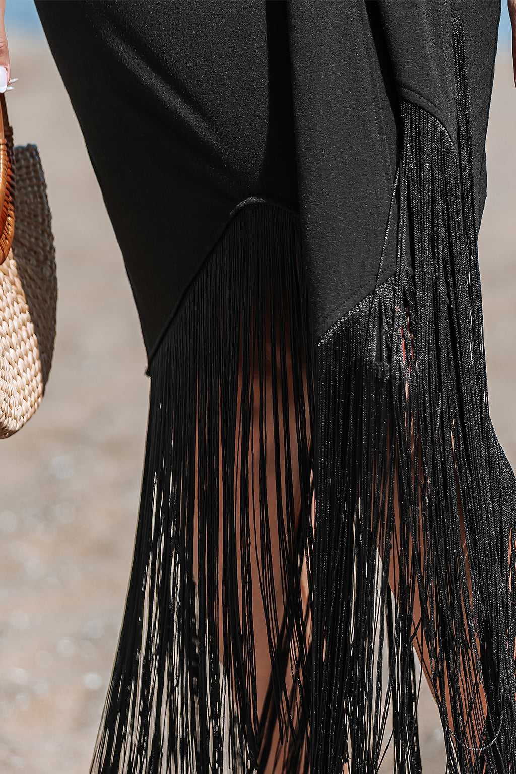 Black Belted Tassel Midi Dress