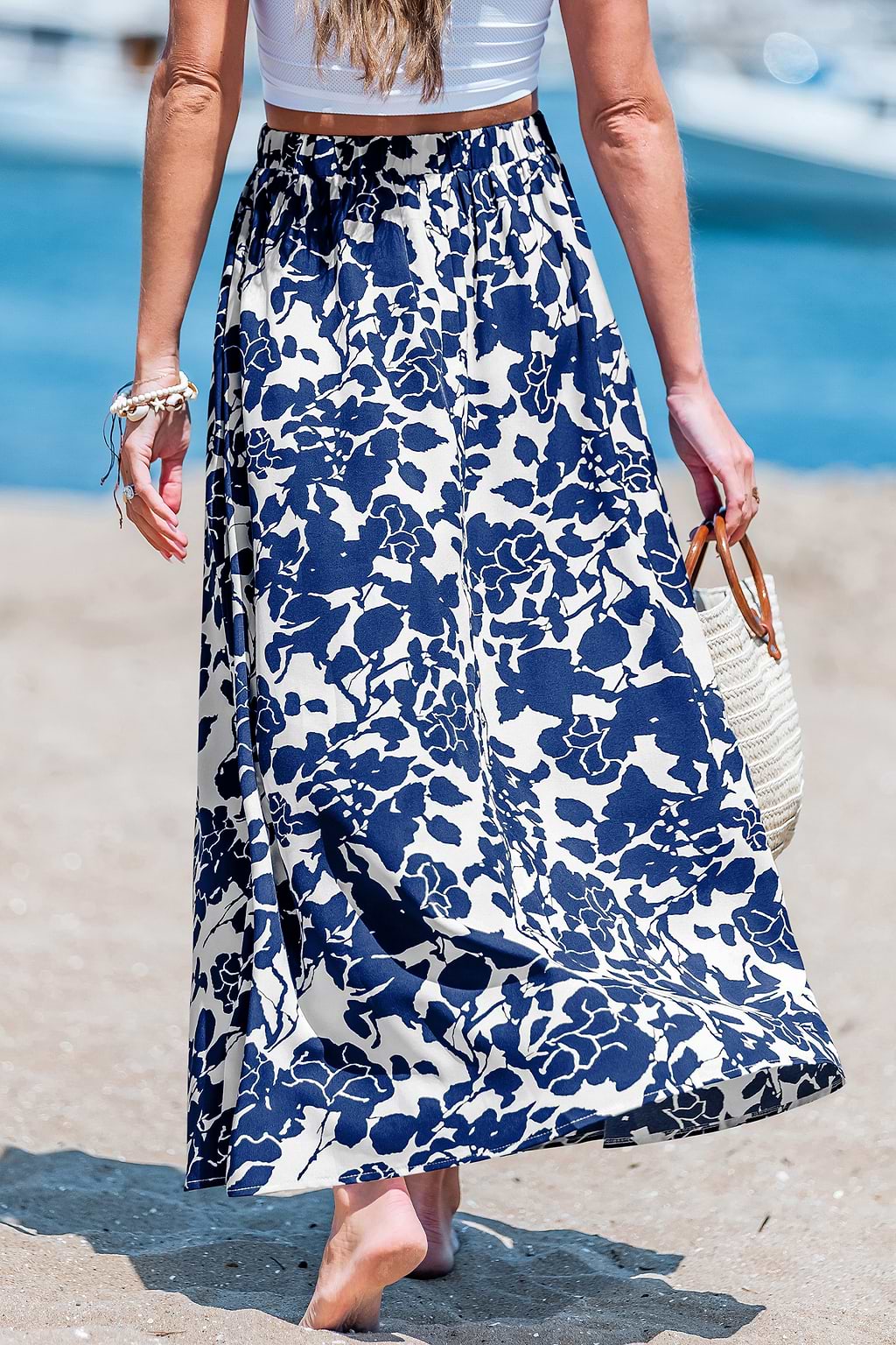 Blauer Elastische Taille Midirock