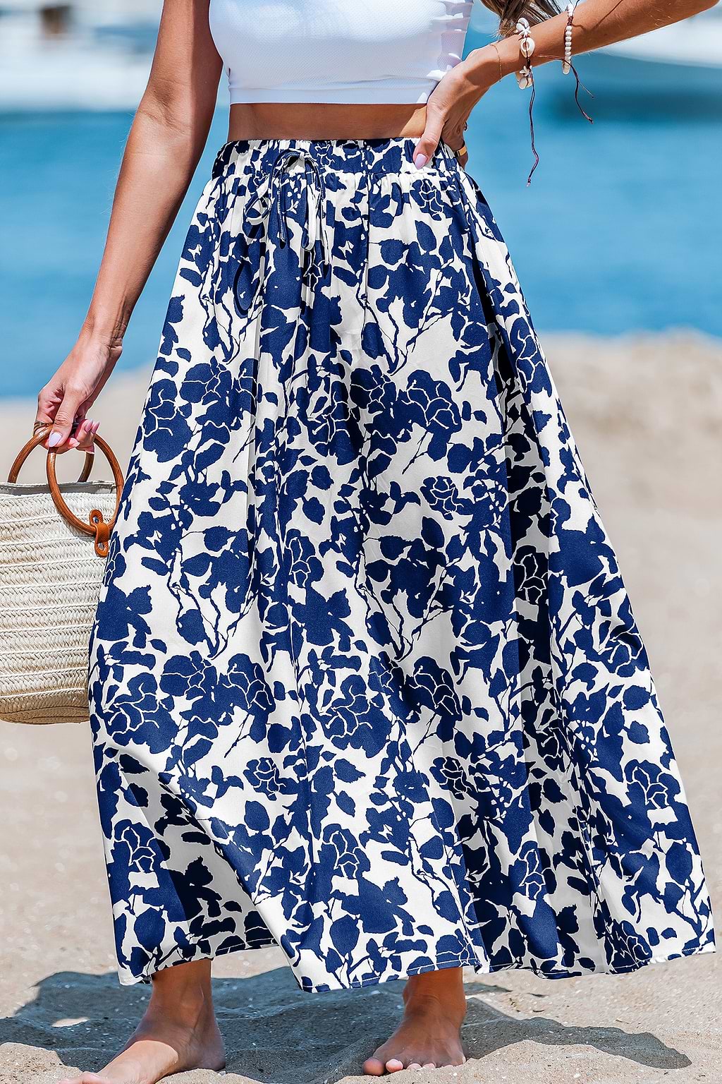 Blauer Elastische Taille Midirock