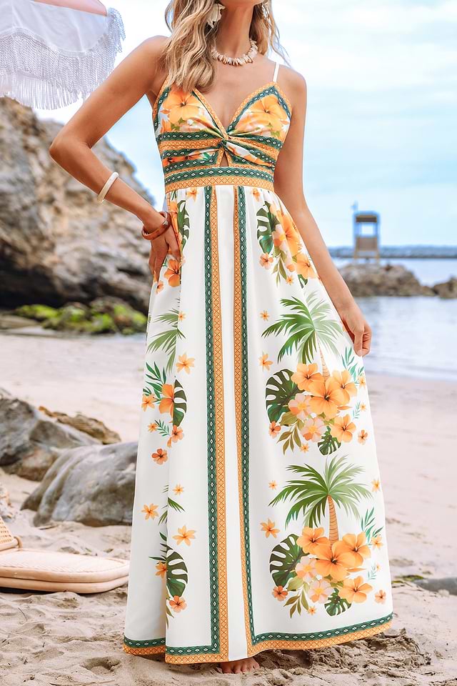 chinese dress ladies Green Tropical Maxi Dress With Criss Cross Back