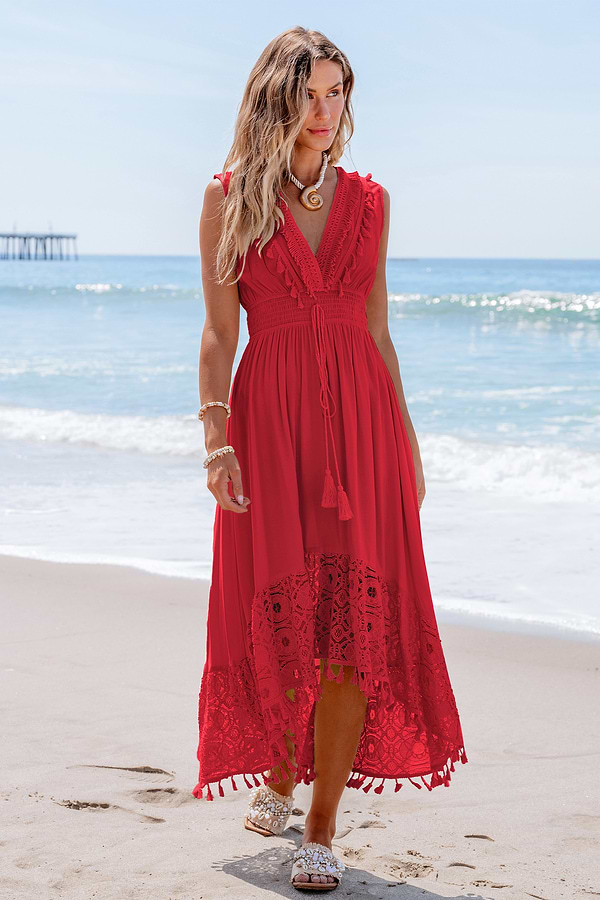 strapless open back dress Abstract Seashell Print Tiered Midi Dress w/ Tie Straps