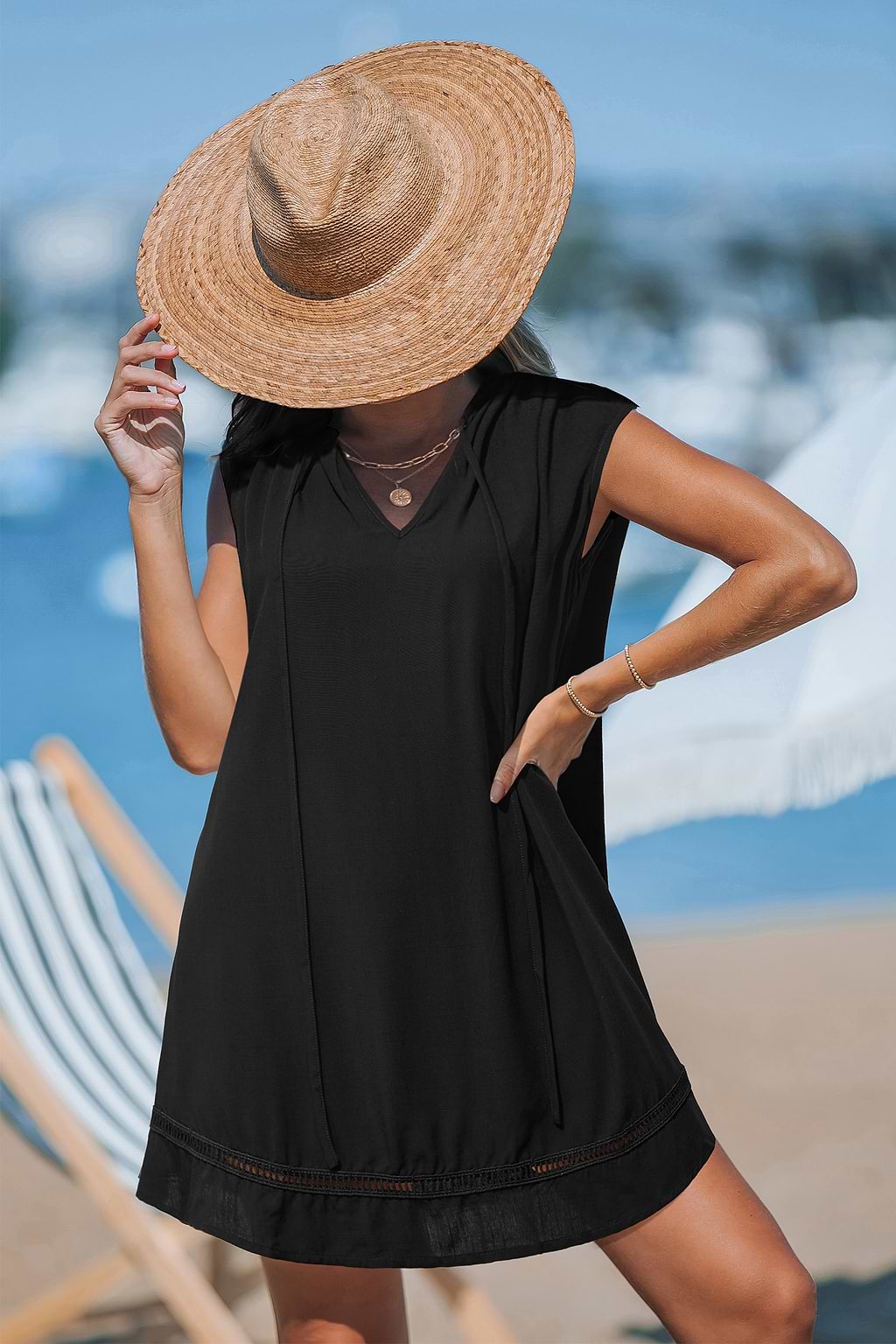 Moonlit Veil Black Cover-Up Mini Dress