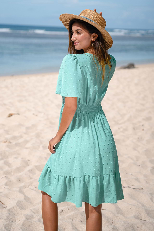 sea green short dress Buy Women Sea Green Smoked Waist Flared Mini Dress Online at Best Price main image 1