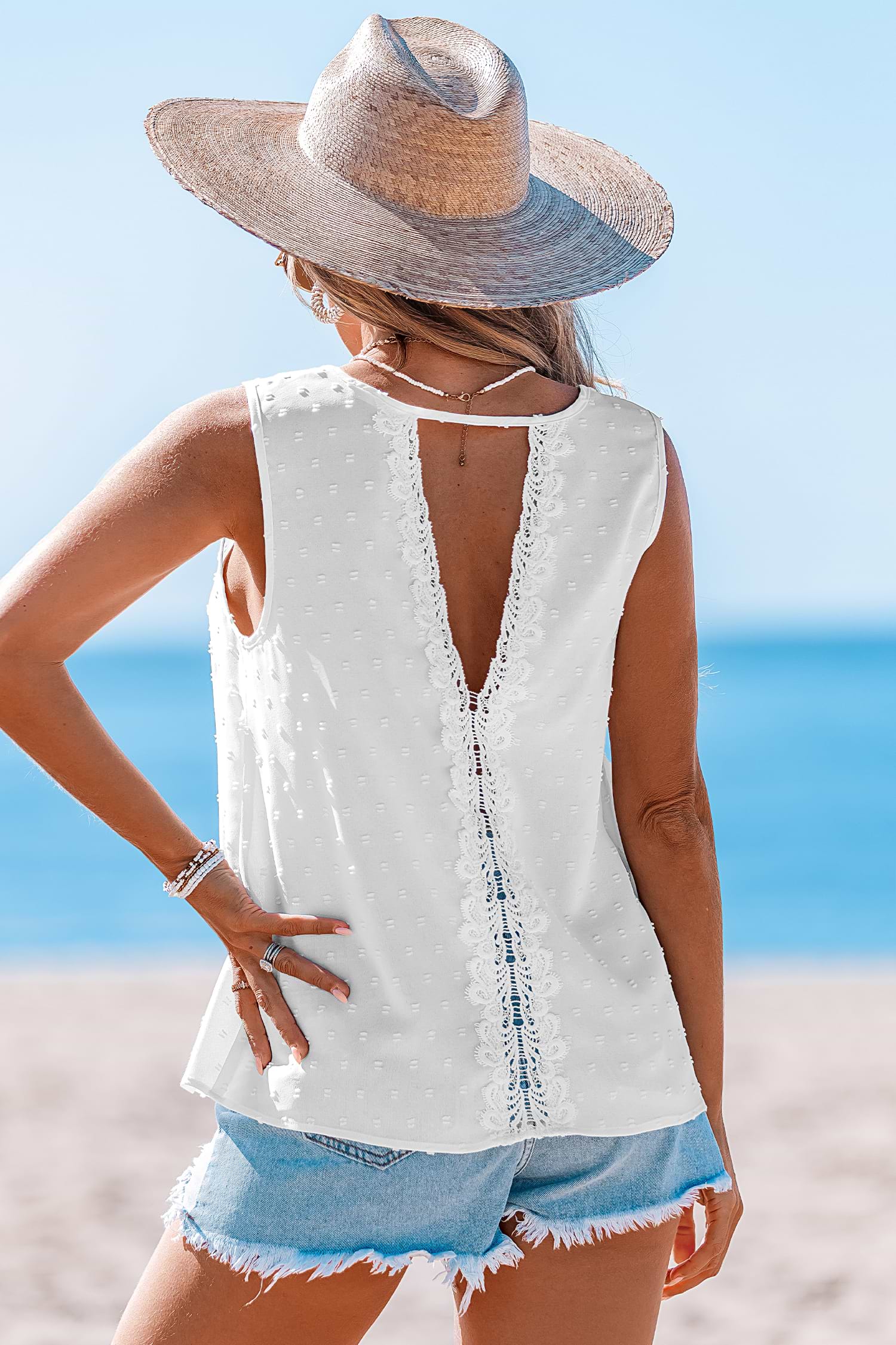 Women's Lace V Neck Sleeveless T Shirts Casual Loose Fiting