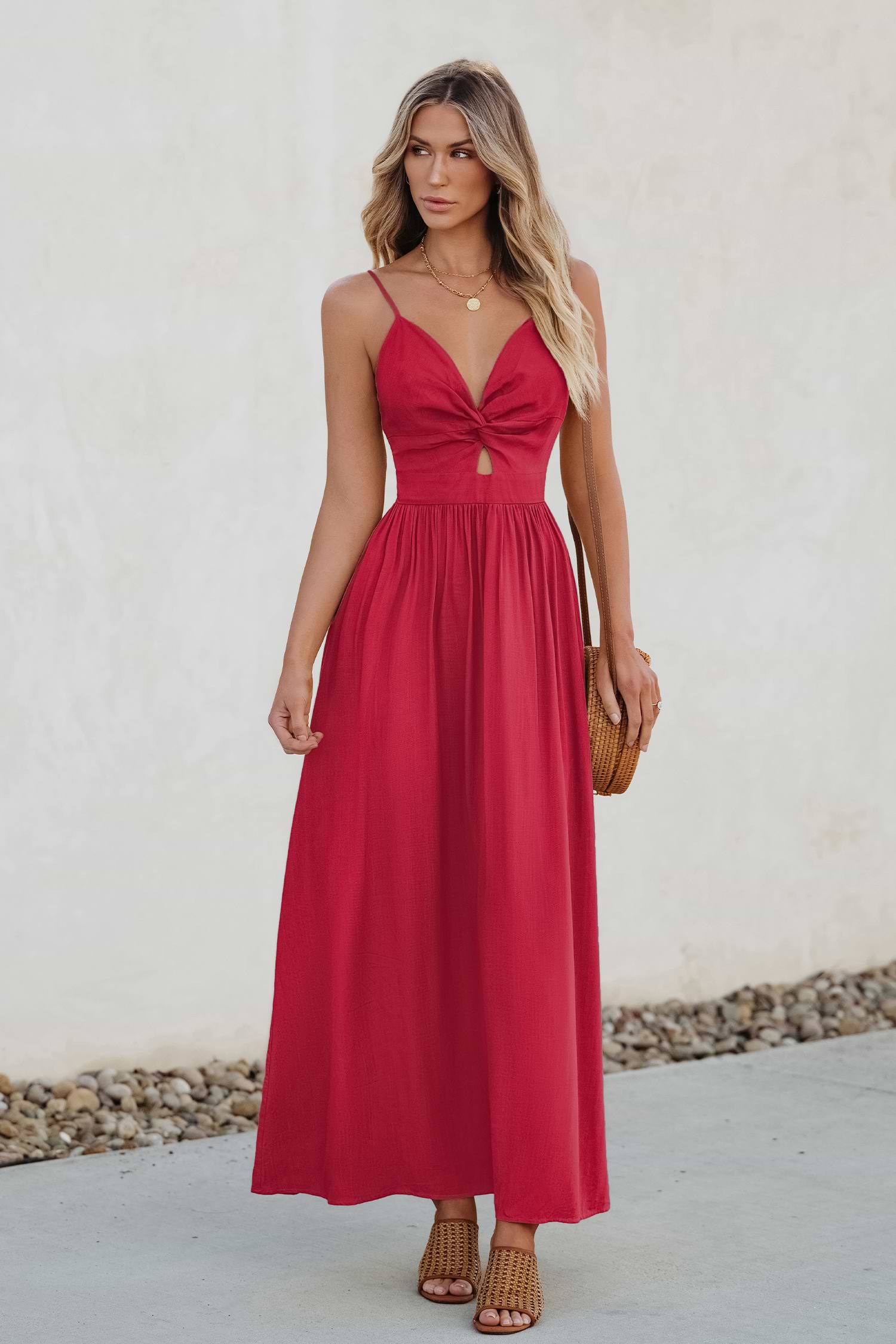 ☆acca☆ [新品]大人気BASIC ロングセラー＜BERRY ＞グレージュ Blue Satin Twist & Keyhole Pleated Maxi Dress
