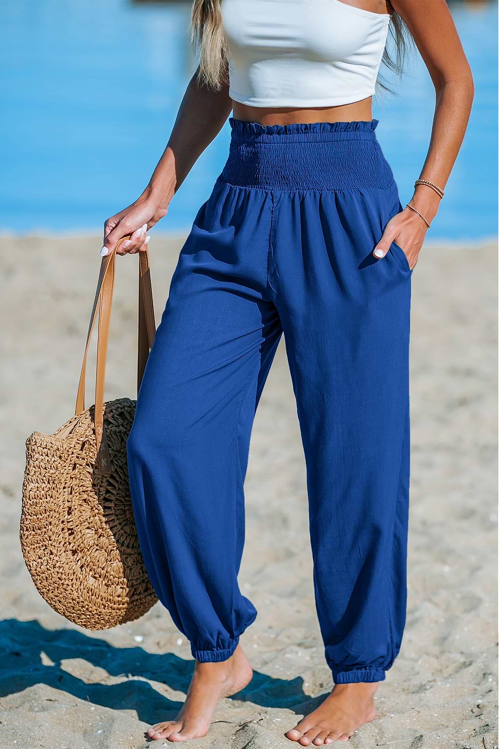 Blaue Gesmokter Bund Hose