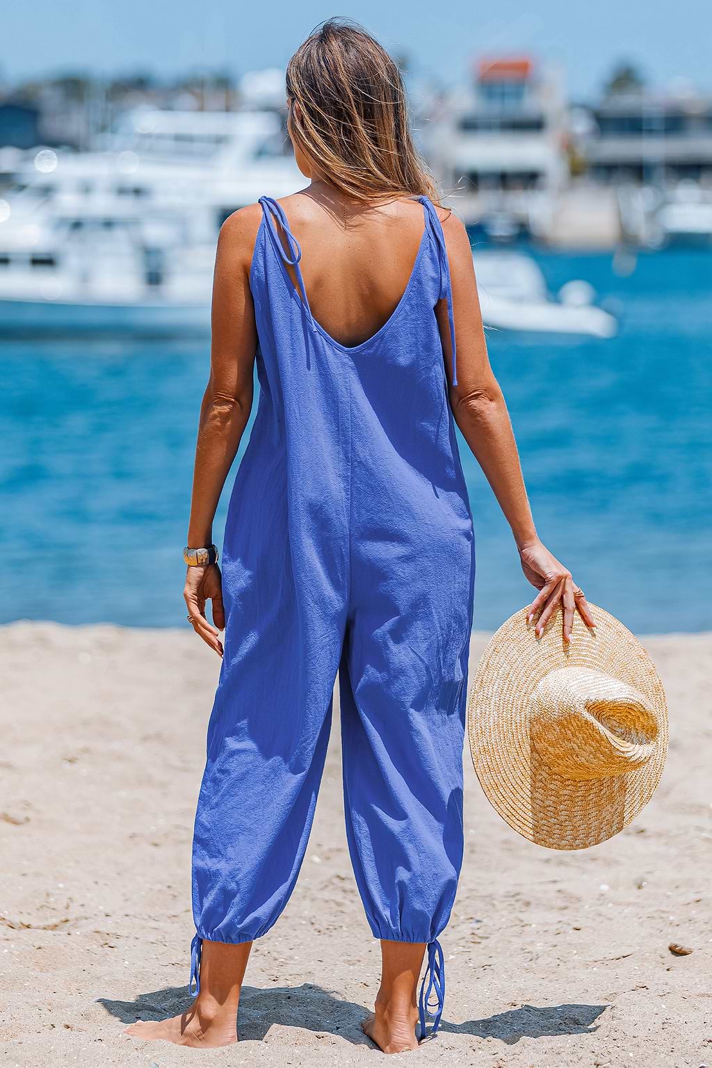 Blauer Ärmelloser V-Ausschnitt Jumpsuit