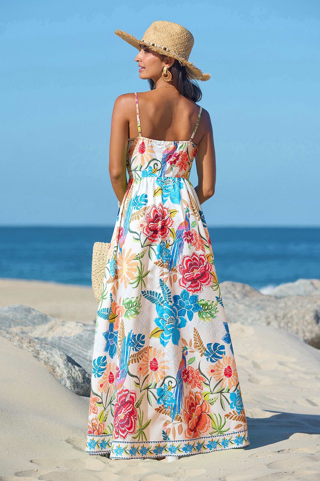 Robe longue tropicale tissée sans manches