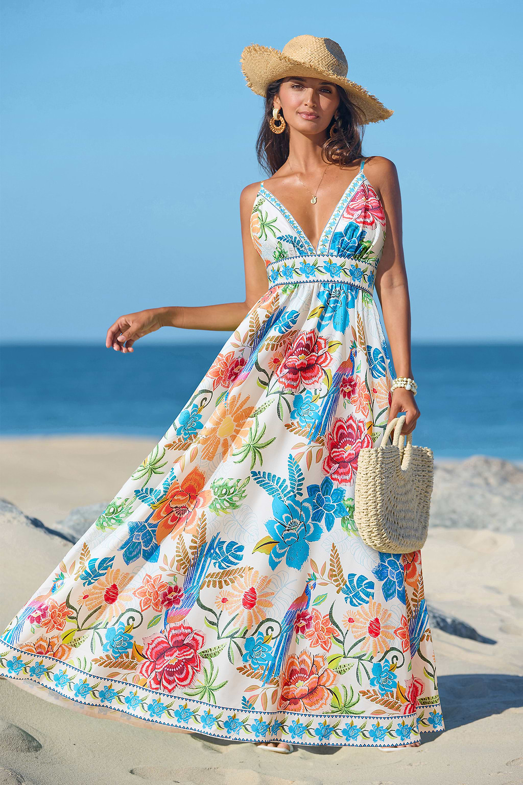 Robe longue tropicale tissée sans manches