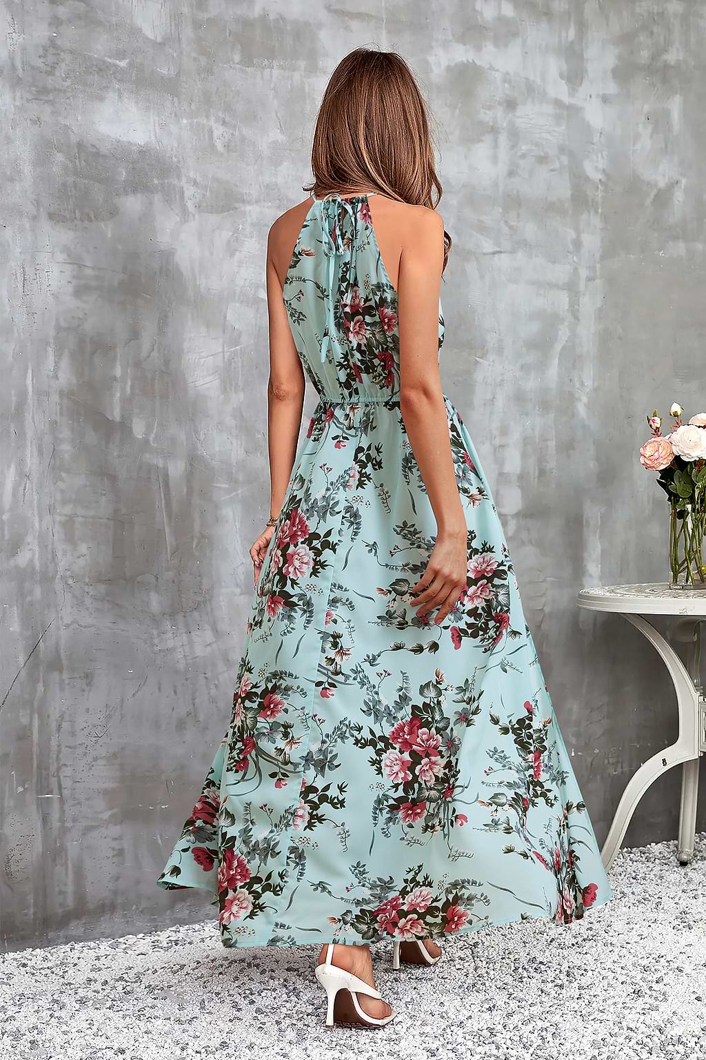 Ärmelloses Blaues Hoher Ausschnitt Maxikleid