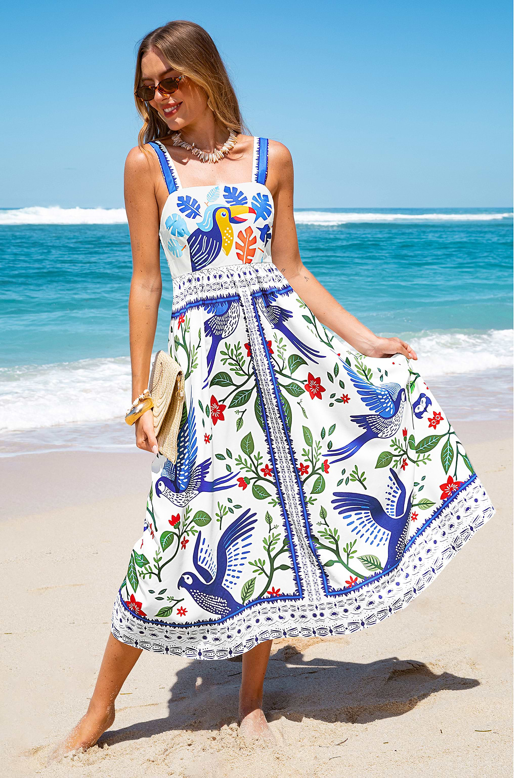 Blaues Ärmelloses Quadratischer Ausschnitt Maxikleid