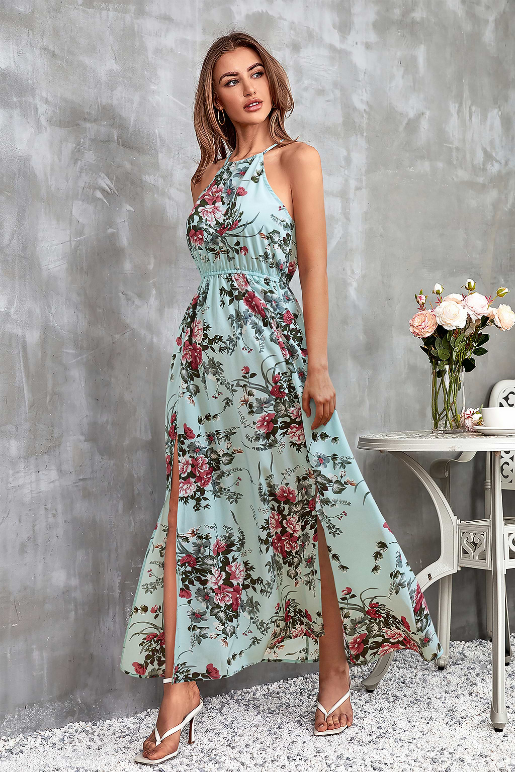 Ärmelloses Blaues Hoher Ausschnitt Maxikleid