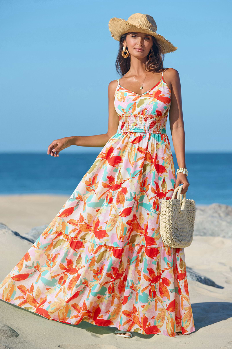 Robe longue à imprimé tropical tissée col V