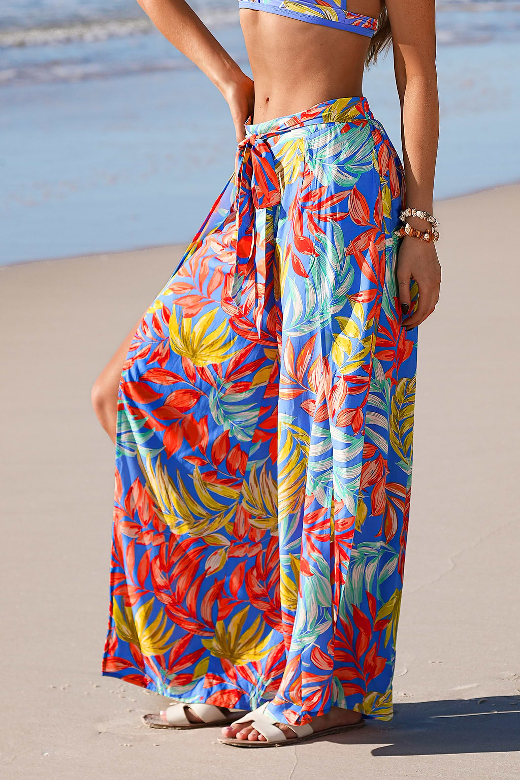 Pantalon cover up tropical tissée jambe large