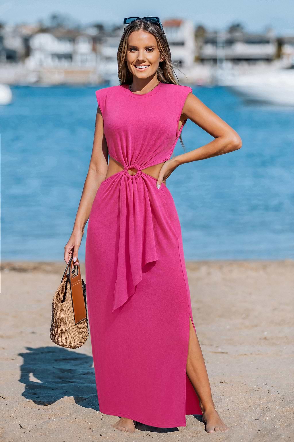 Rosa Ärmelloses Strick-Maxikleid