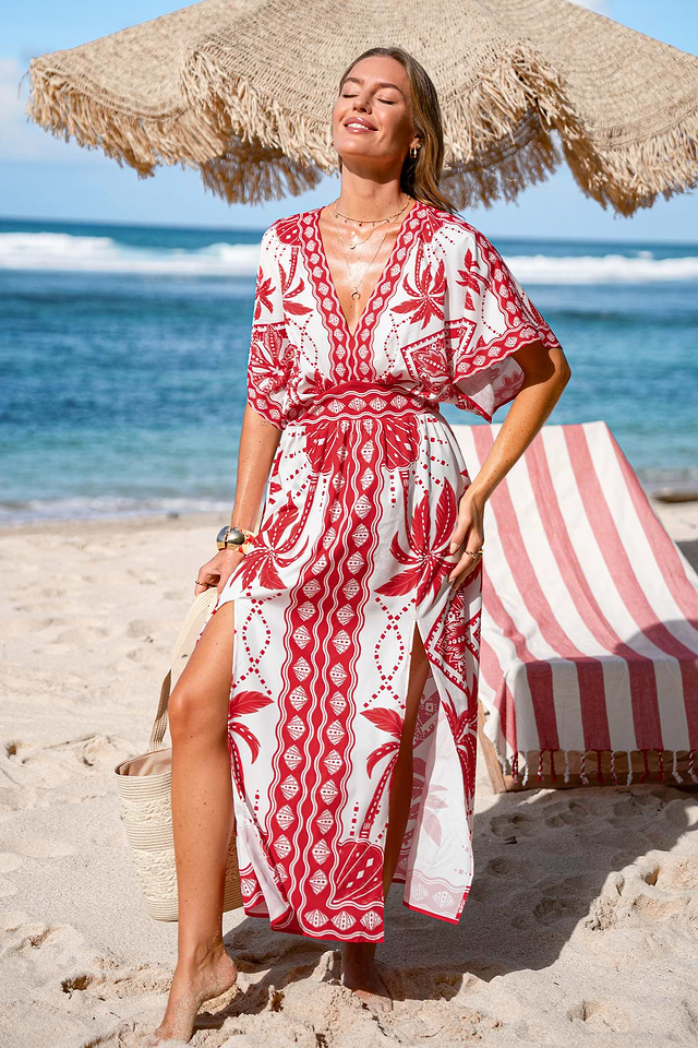 Cupshe Women's Sahara Soul Ornate Leaf Print Maxi Dress-XL-Red
