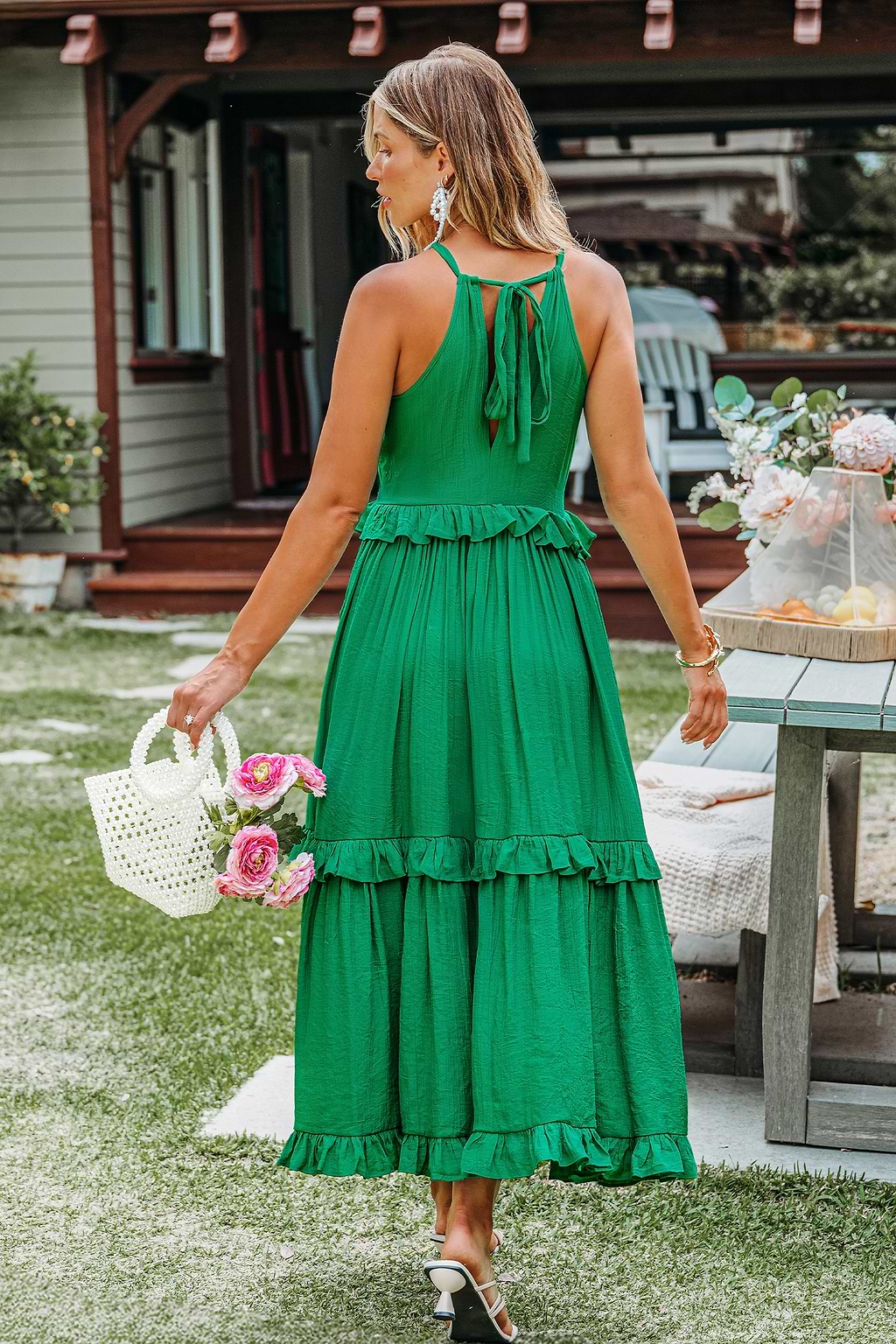 Robe longue verte col haut