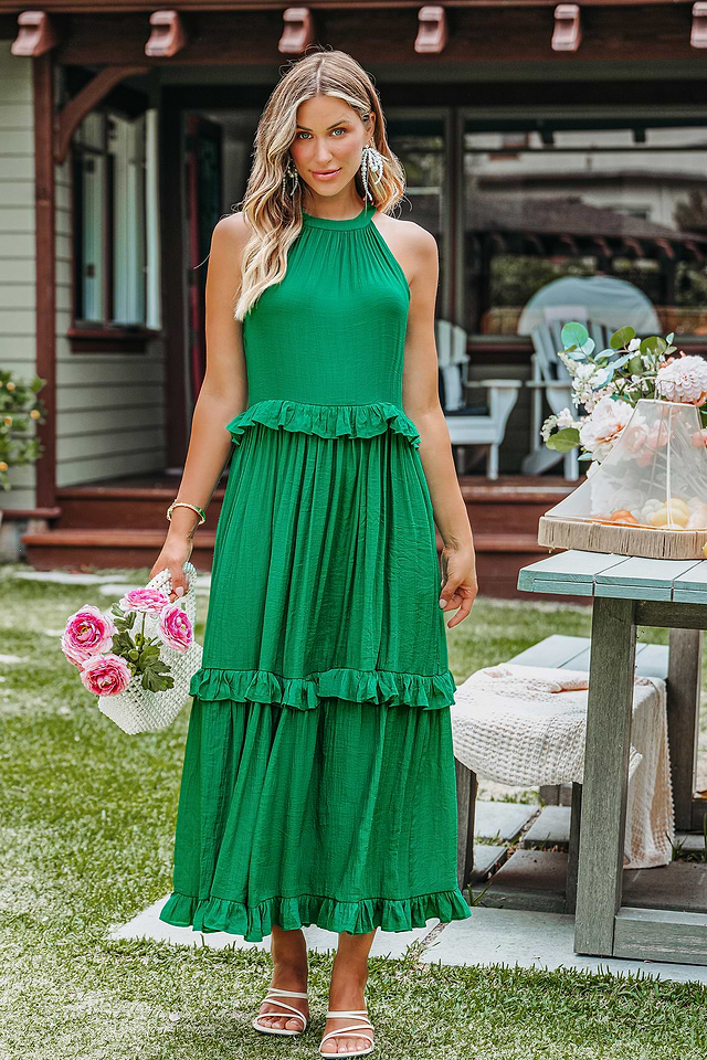 jade green colour dress Jade Color Block Pleated Maxi Dress
