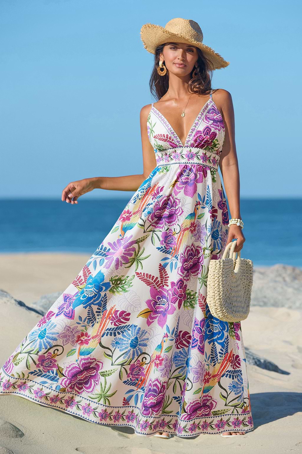 Robe longue tissée tropicale col V