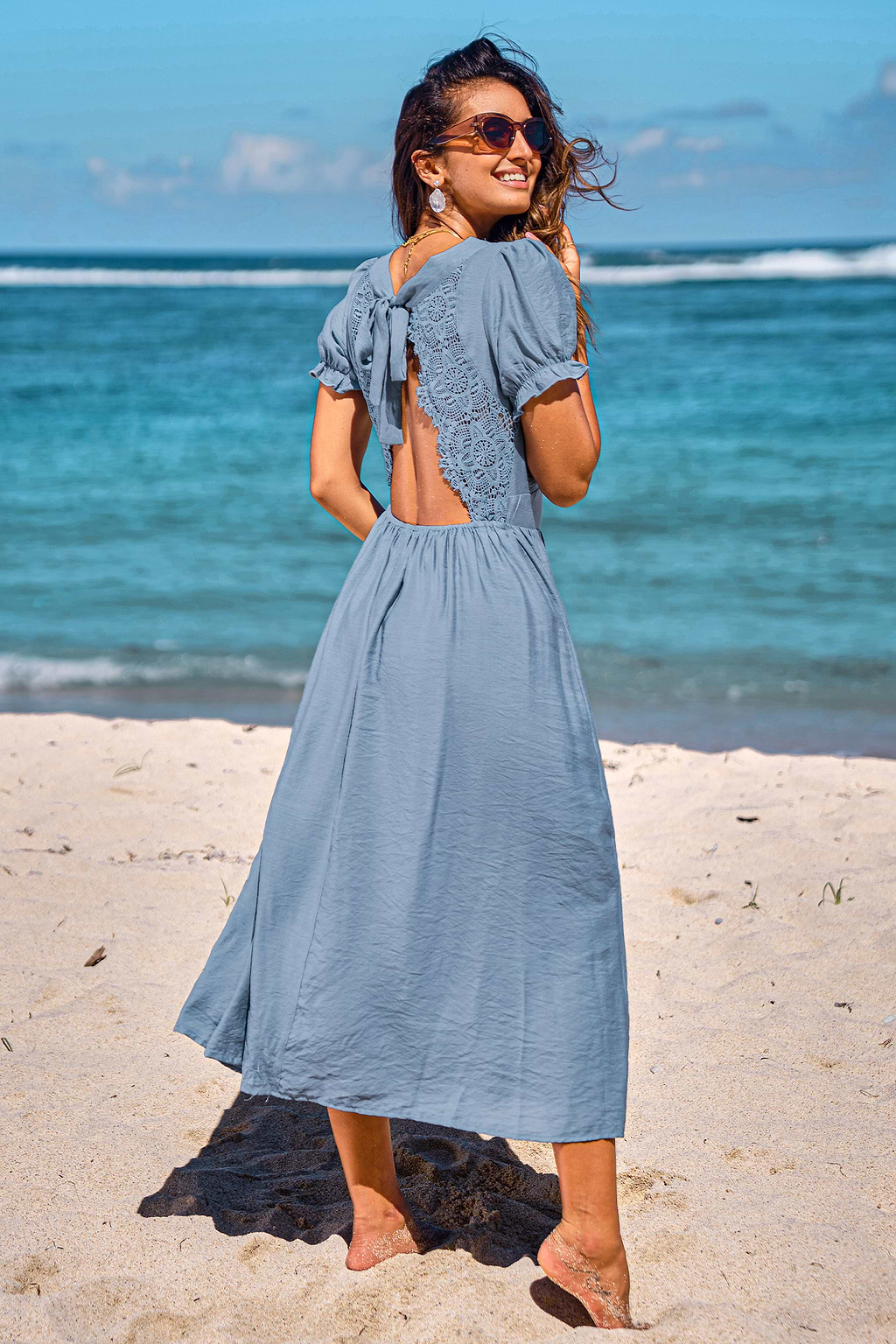 Blaues V-Ausschnitt Maxikleid