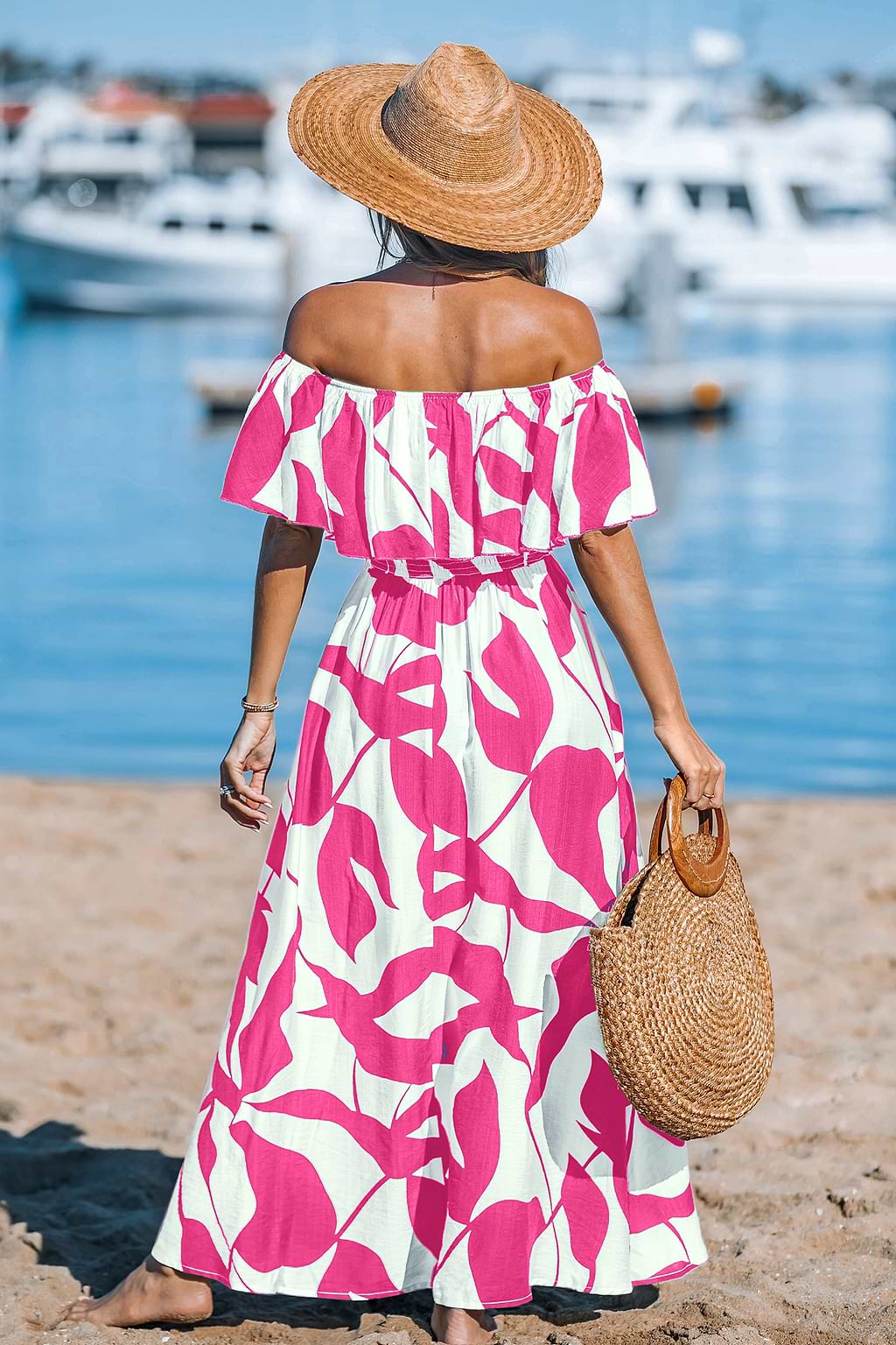 Pink tropisches Asymmetrischer Ausschnitt Seitenschlitz Maxikleid