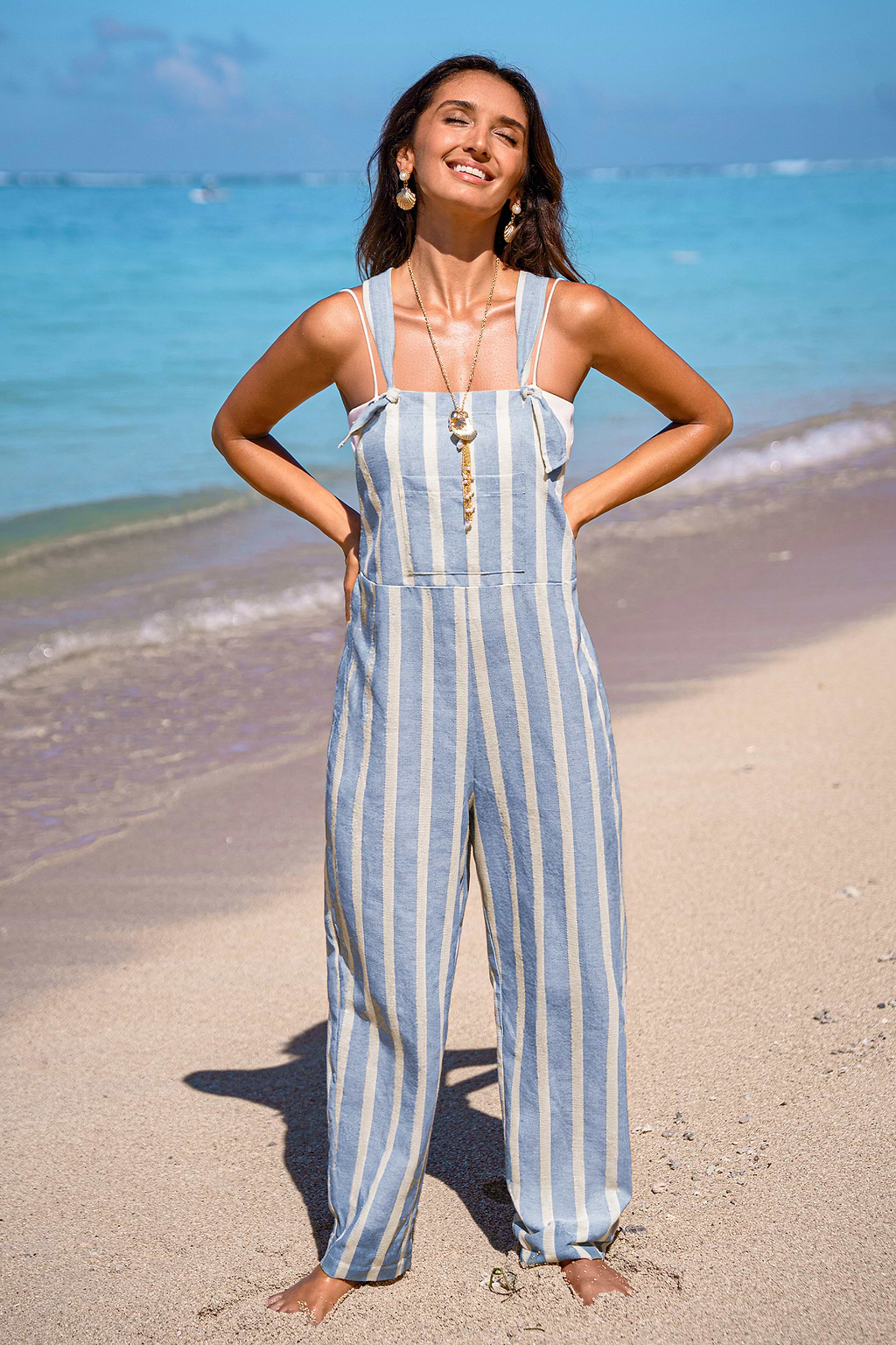 Blau gestreifter Quadratischer Ausschnitt Jumpsuit