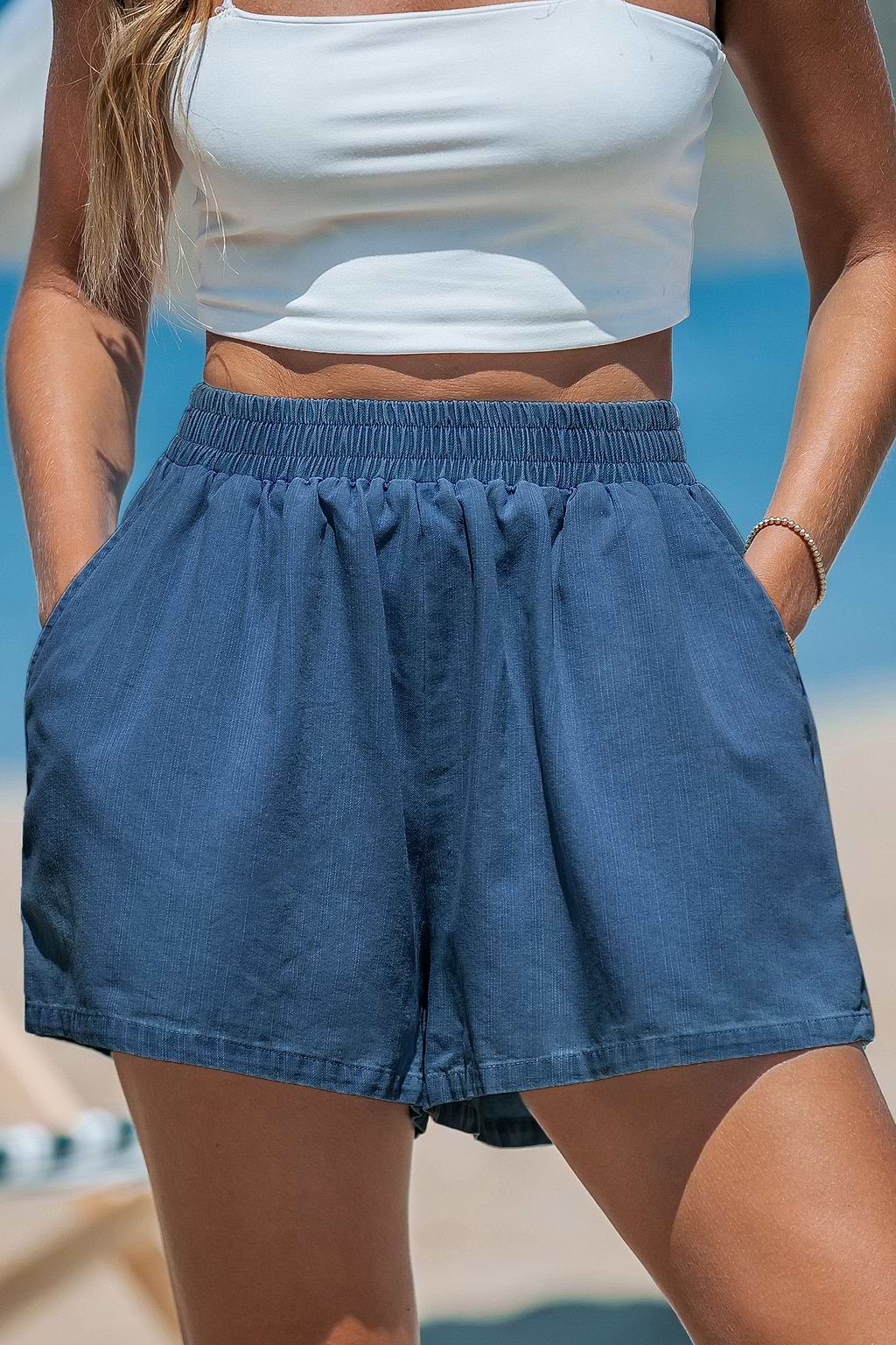 Elastischer Bund Jeansshorts mit Taschen