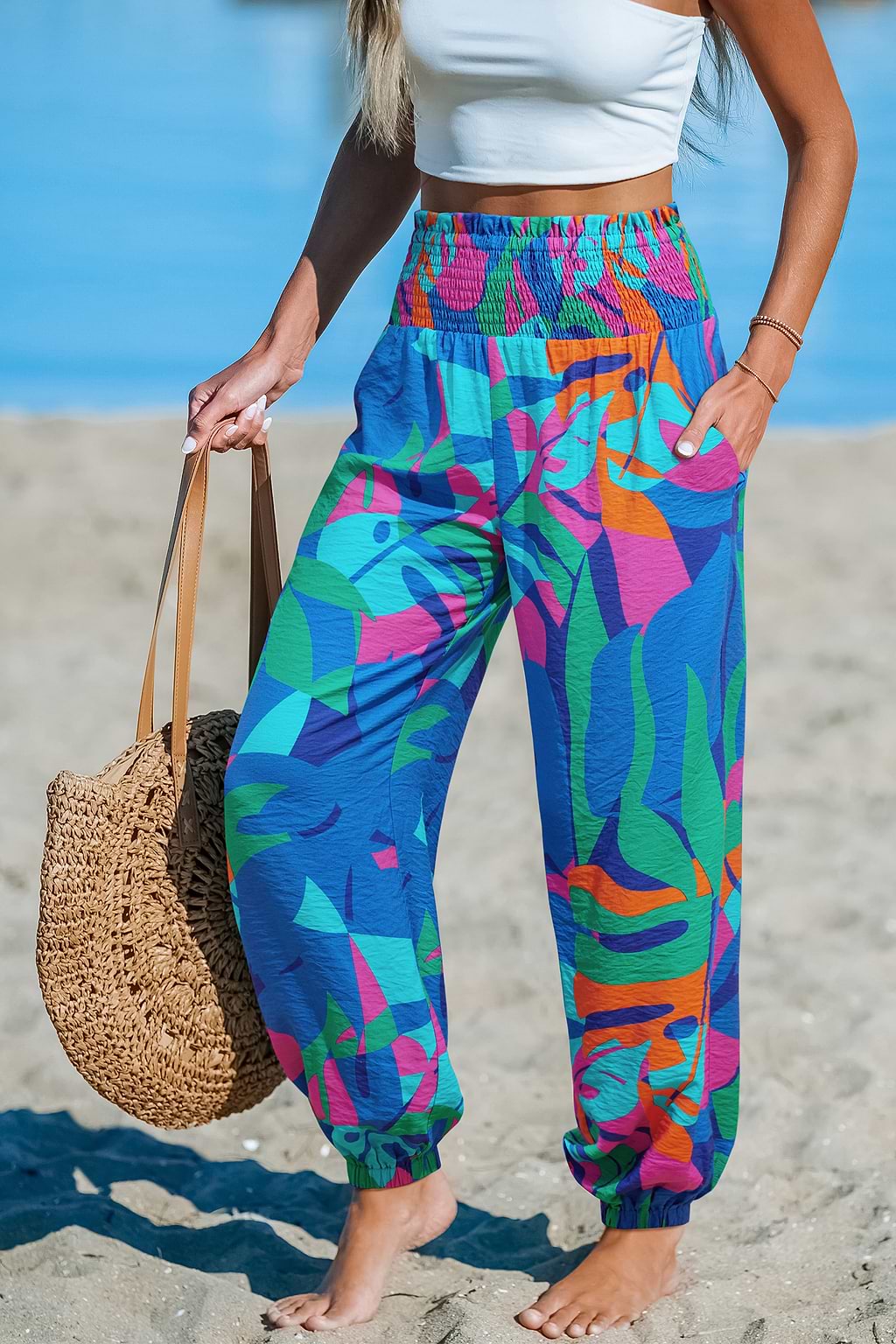 Blaue Tropische Hose mit gesmoktem Bund