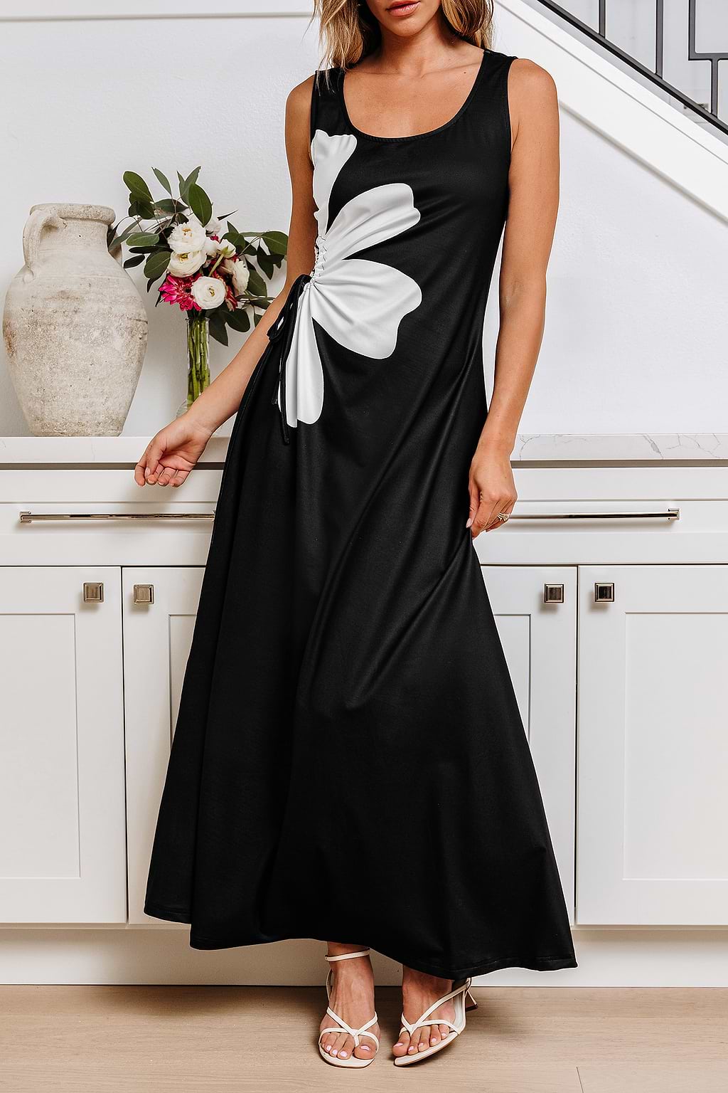 Robe longue fleurie col rond
