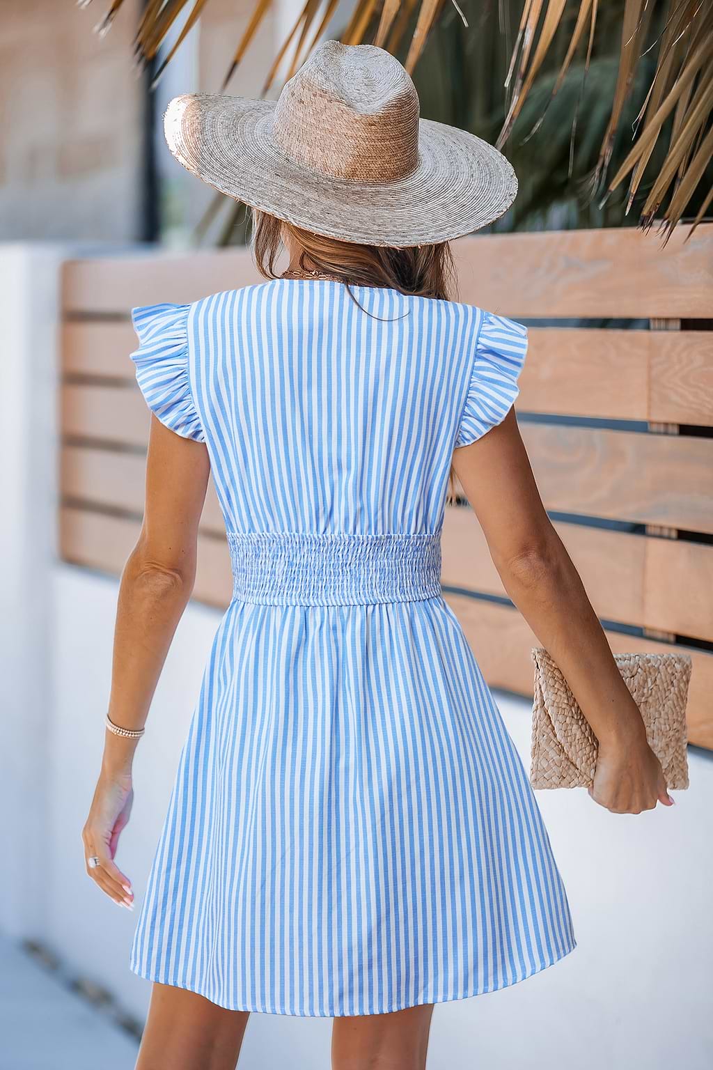 Blue Striped V-Neck Flutter Sleeve Mini Dress