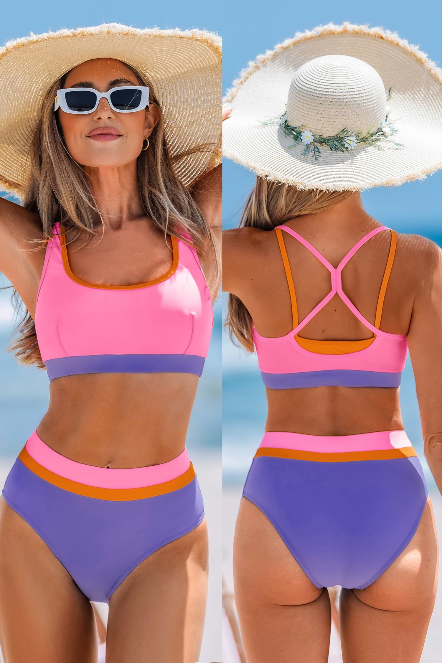 Pink V-Wire Bikini Top & Purple High-Waisted Bottoms Set