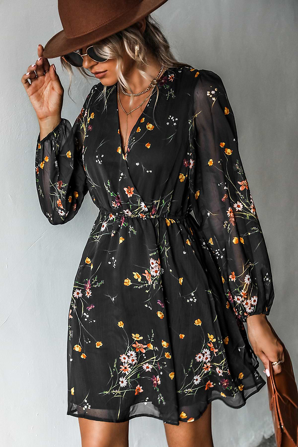 Black Floral Mesh Long Sleeve Mini Dress | Elegant Style | Cupshe