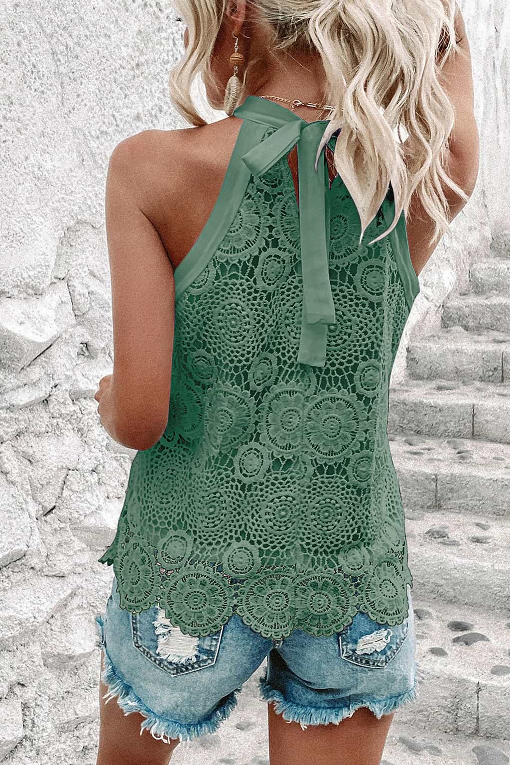 Grünes Ärmelloses Gewebtes Hoher Ausschnitt Top