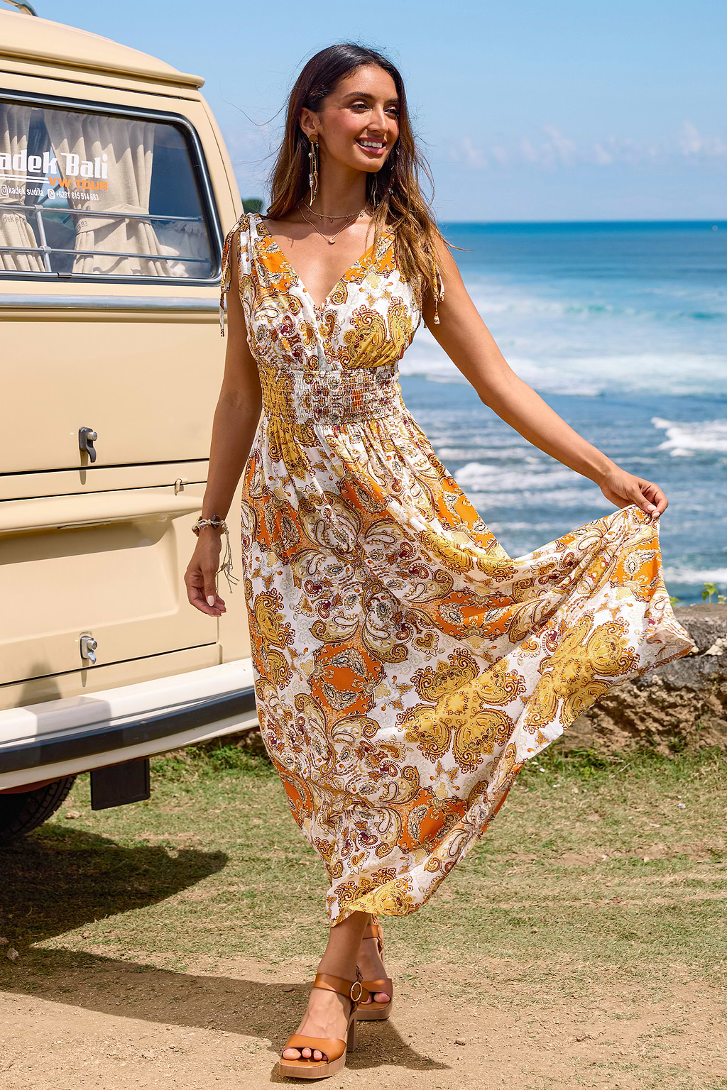 Paisley Ärmelloses Gesmoktes Maxikleid