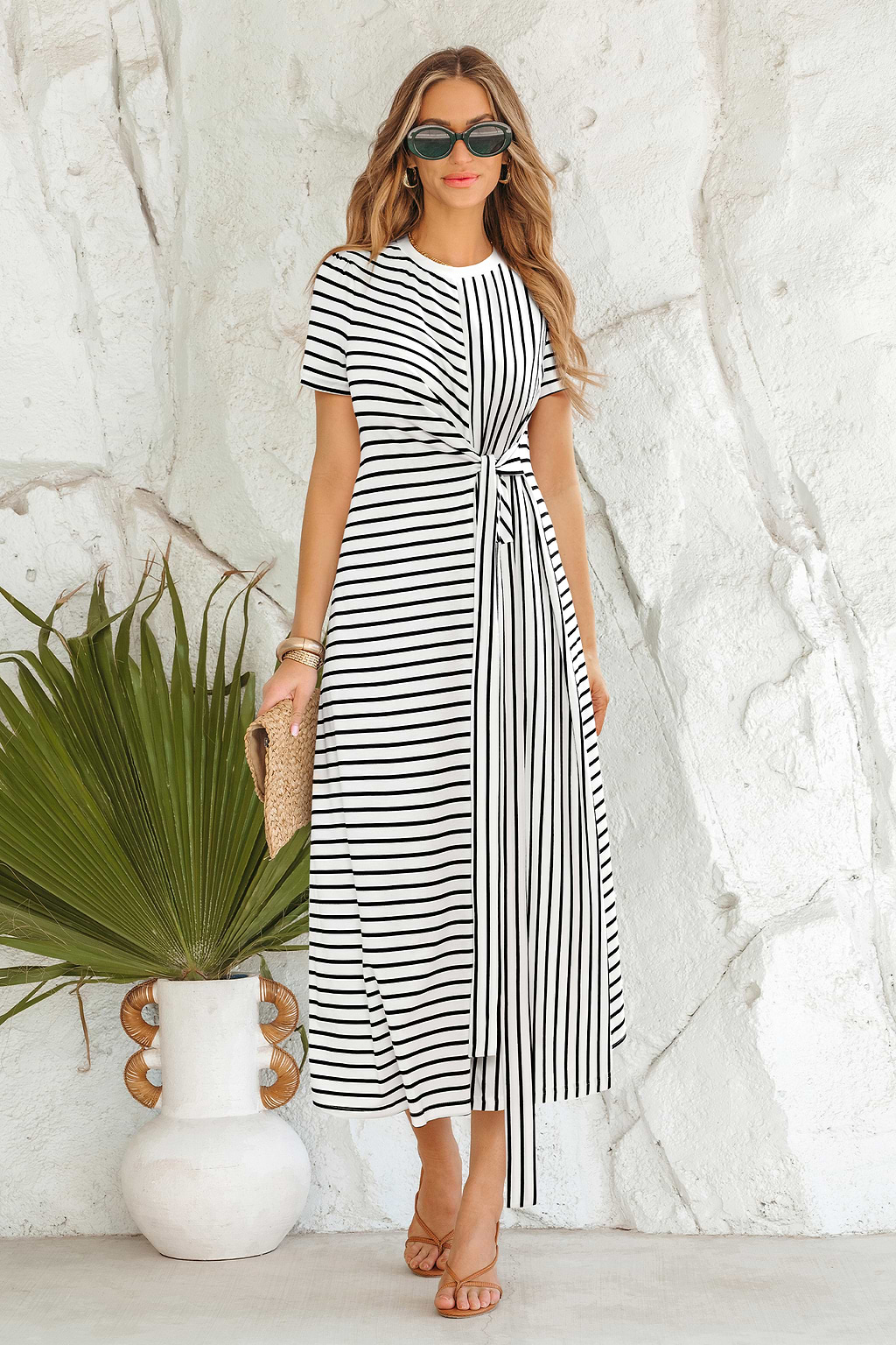 Robe longue à rayures col rond