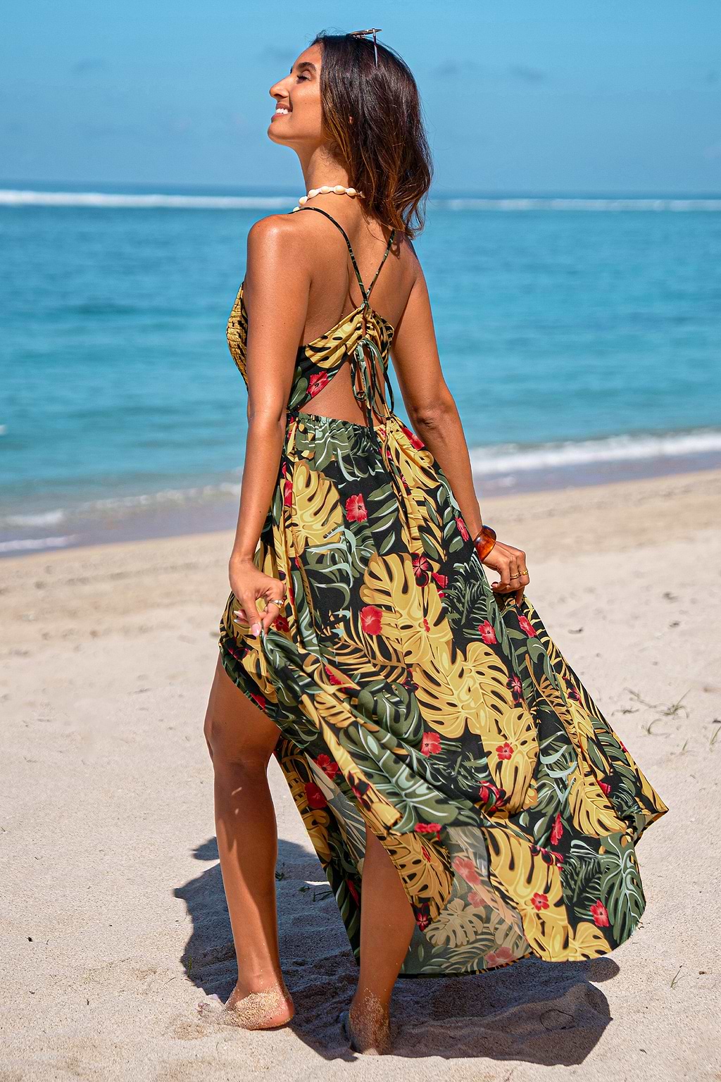 Robe longue tropicale col V nouer au dos