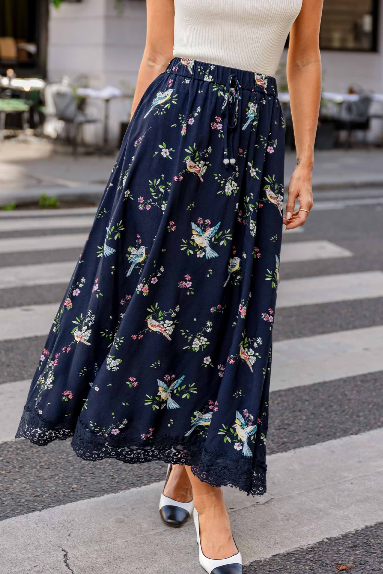 Navy Floral Maxi Skirt with Elastic Waist and Lace Trim