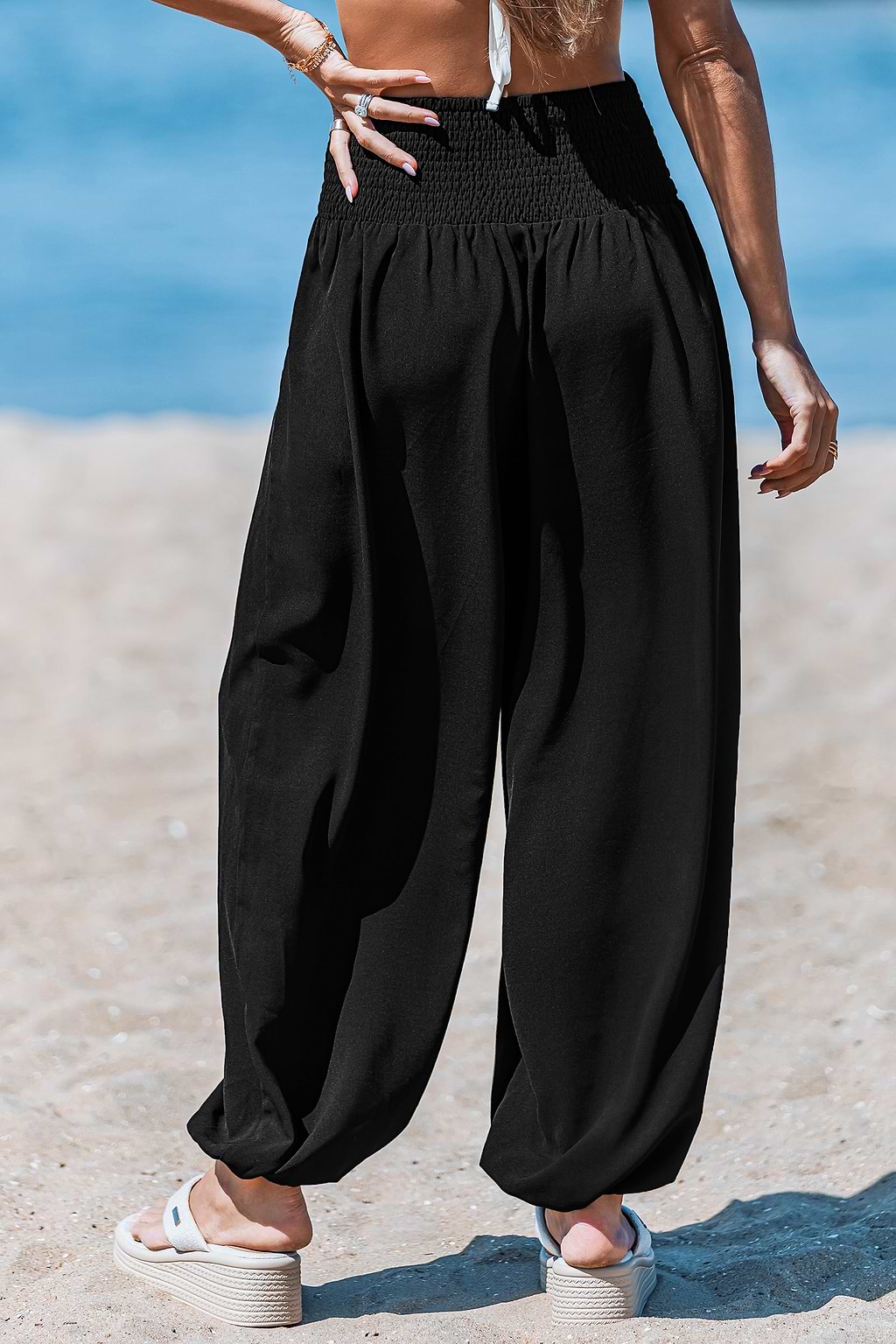 Schwarze Gesmokter Bund Stoffhose