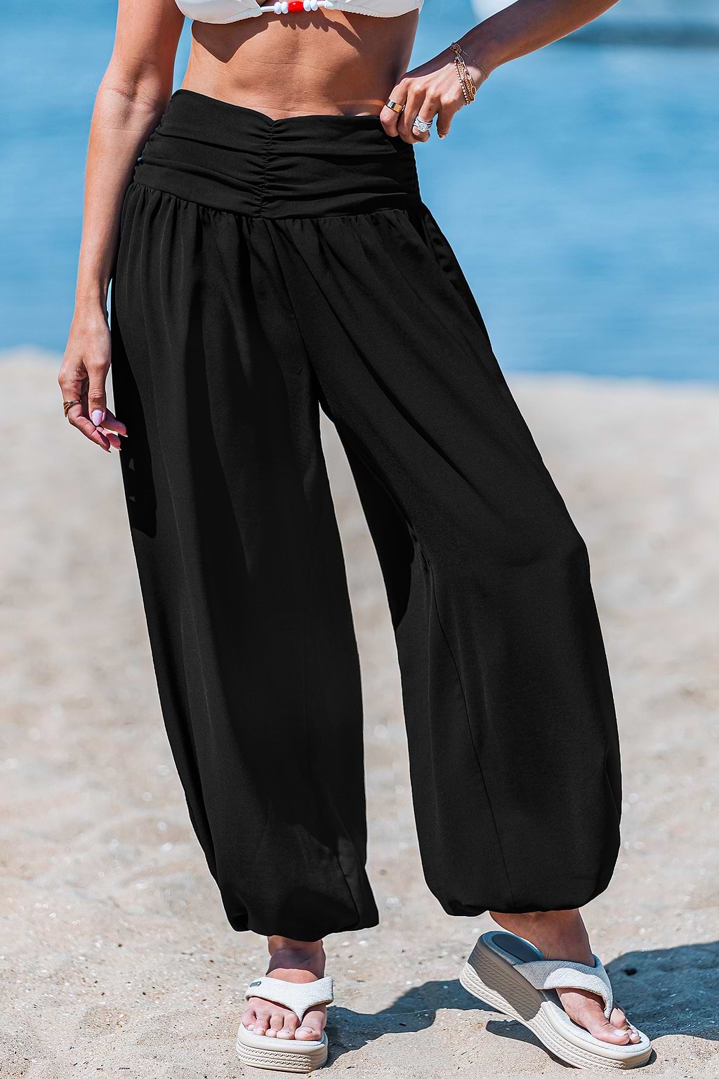 Schwarze Gesmokter Bund Stoffhose