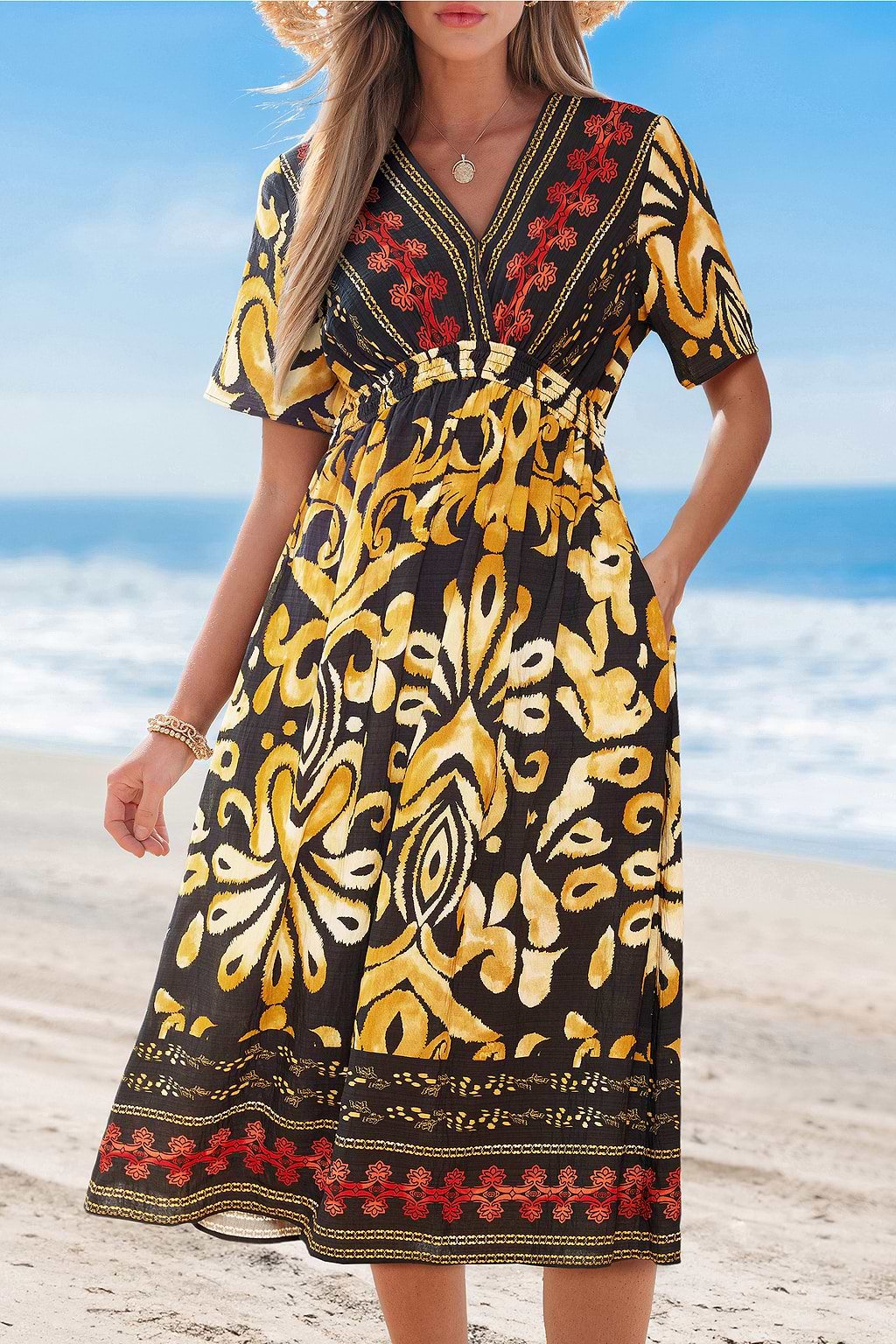Burnt Amber Ornate Midi Dress